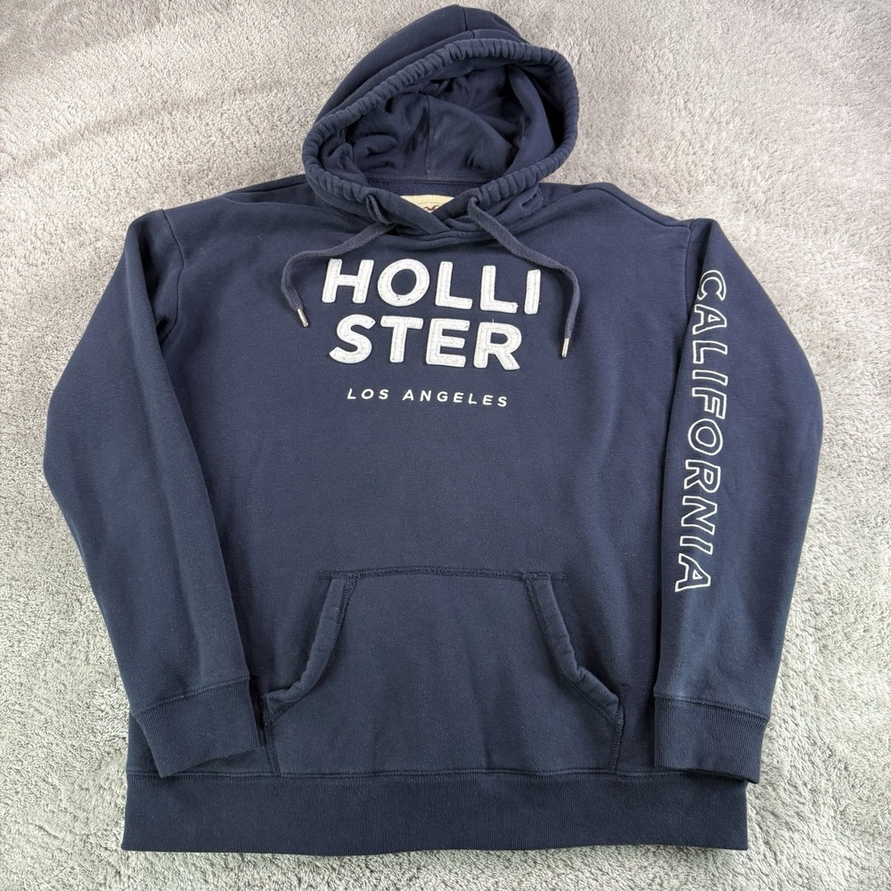 Hollister Mens L Navy Hoodie California Spellout Logo Fleece Pullover 3S3113